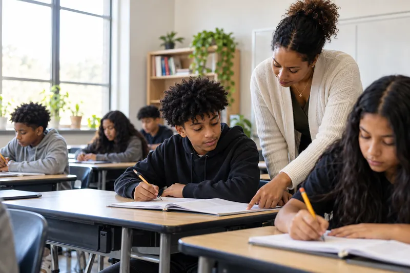 Students working with a teacher in a bright Delaware charter school classroom