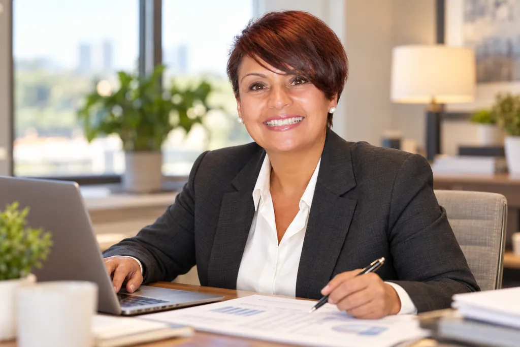 Michelle J. Lambert reviewing financial reports at her desk