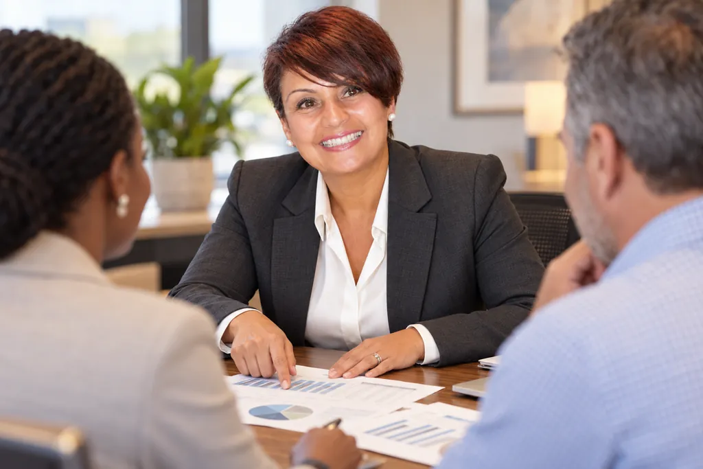 Michelle J. Lambert reviewing a budget report with two clients