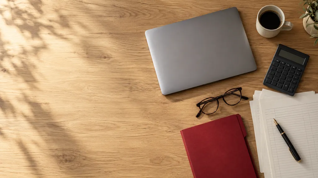 Calculator, pen, ledger paper and a red folder on an oak desk